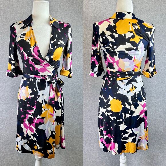 Diane Von Furstenberg Floral Geometric Print Silk Wrap Dress Sz 2 Career Y2K Vtg - Picture 2 of 13